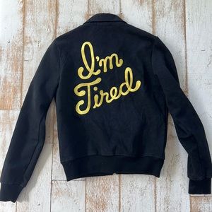 Im Tired, embroidered Big Bug Press jean jacket